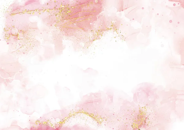 Elegant Pink Hand Painted Alcohol Ink Background Gold Glitter Elements — Stockvector