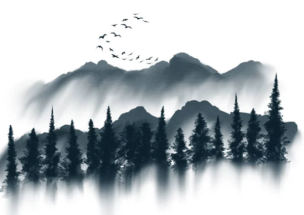 Hand Painted Japanese Themed Watercolour Ink Landscape — Vector de stock