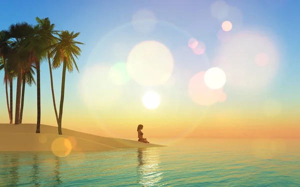 Візуалізація Пляжного Пейзажу Заході Сонця Жінкою Положенні Йоги — стокове фото