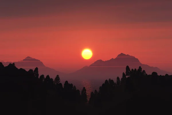 Render Mountain Tree Landscape Sunset Sky — Stockfoto
