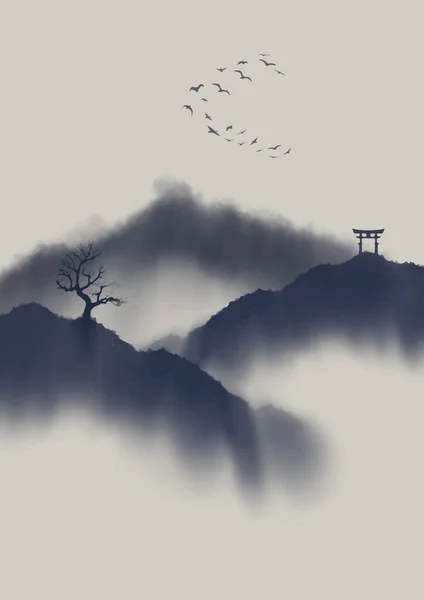 Japanese Themed Hand Painted Mountain Landscape — Stok Vektör