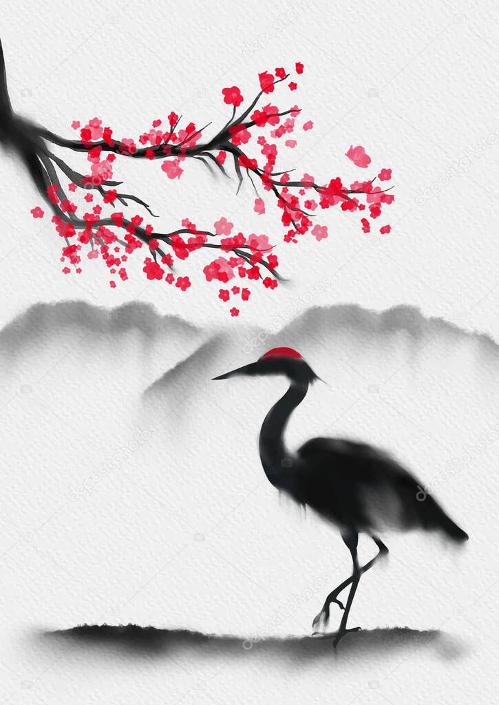 Hand painted traditional Japanese themed wall art with sakura and a heron