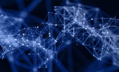 3D render of a network communications background with glowing particles and connecting lines