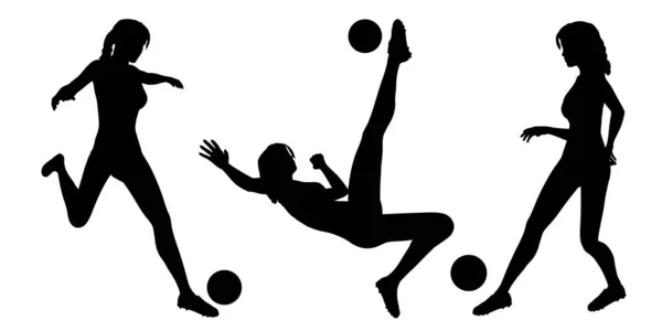 Collection Silhouettes Female Soccer Football Players — 图库矢量图片