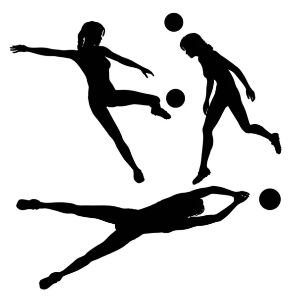 Collection Silhouettes Female Football Soccer Players — Vettoriale Stock
