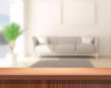 3D render of a display background with a wooden table looking out to a defocussed modern lounge