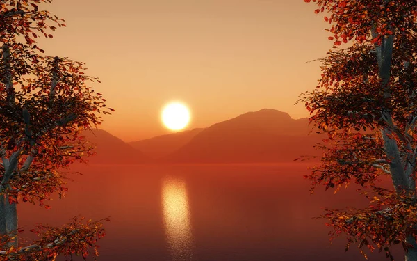 Render Autumn Landscape Sunset Sky — Zdjęcie stockowe