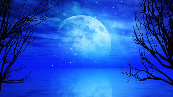 3D render of a Halloween night background with moonlit landscape