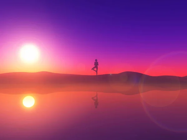 3D render of a sunset landscape with silhouette of a female in a yoga position