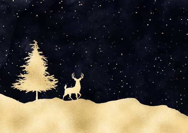 Weihnachten Hintergrund Mit Gold Hirsch Und Baum Verschneiter Landschaft — Stockvektor