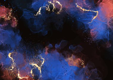 Dark hand painted alcohol ink background with glittery gold elements 
