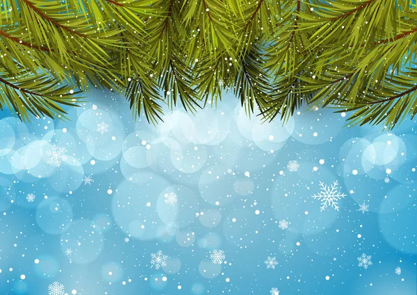 モミの木の枝や雪の結晶とクリスマスの背景 — ストックベクタ