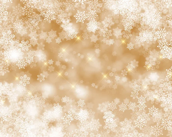 Fundo Natal Ouro Com Flocos Neve Luzes Estrelas — Fotografia de Stock