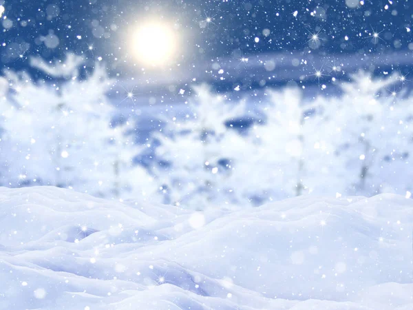 Render Christmas Winter Landscape Stars Snow Bokeh Lights — Stock Photo, Image
