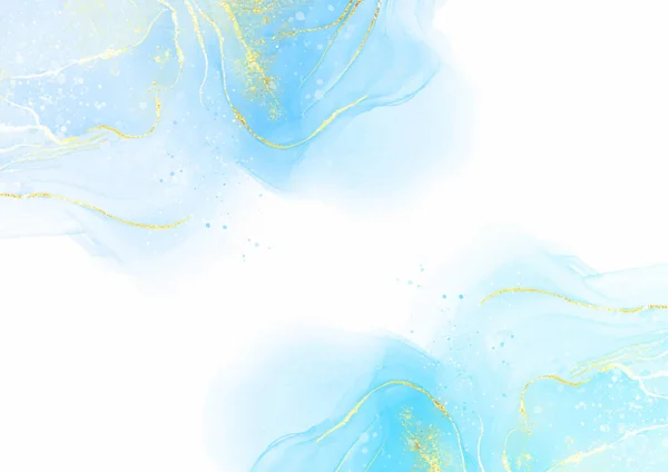 Pastel Blauwe Hand Geschilderde Alcohol Inkt Achtergrond Met Gouden Elementen — Stockvector