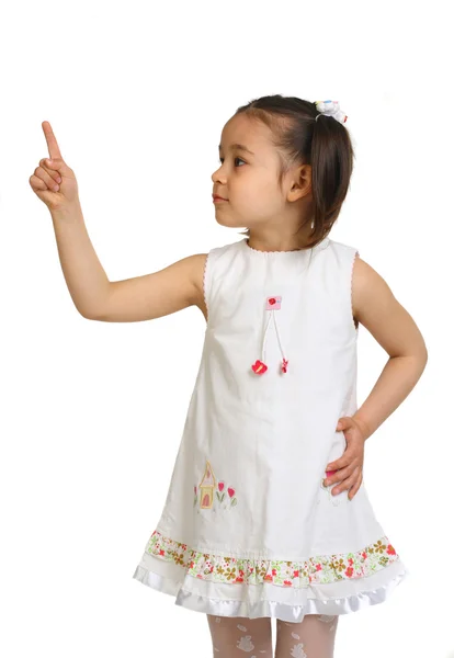 Little girl on a white background thumbs up — Stock Photo, Image