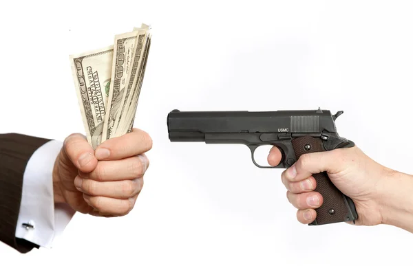 Armed robbery backgound, casual man and businessman on white — Stock Photo, Image