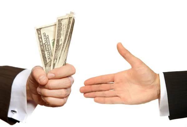 Kéz a pénzt elszigetelt fehér háttér — Stock Fotó
