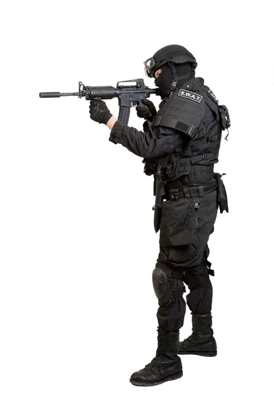 Soldado com rifle em um fundo branco — Fotografia de Stock
