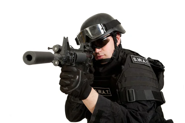 Soldat mit Gewehr auf weißem Hintergrund — Stockfoto