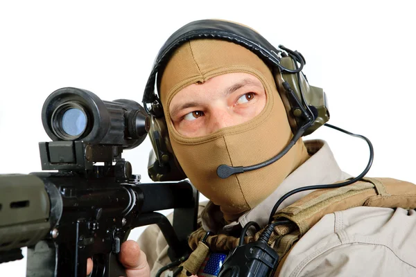 Soldier with rifle on a white background — Stock Photo, Image