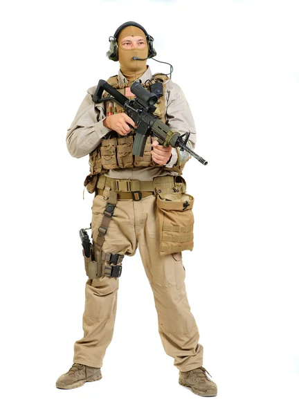 Soldier with rifle on a white background — Stock Photo, Image