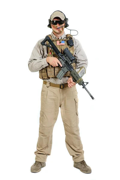 Soldier with rifle on a white background — Stock Photo, Image