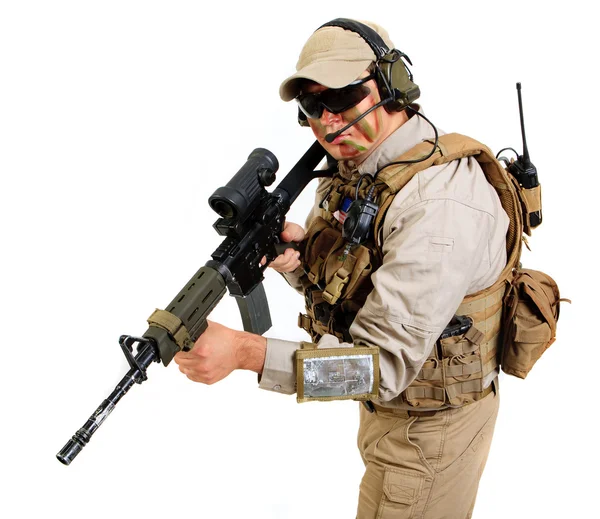 Soldier with rifle on a white background — Stock Photo, Image