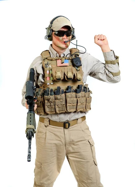 Soldier with rifle on a white background — Stock Photo, Image