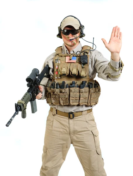 Soldier with rifle on a white background — Stock Photo, Image