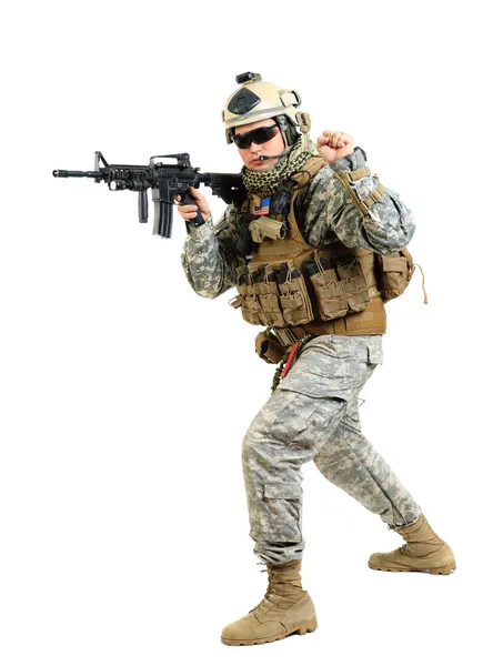 Soldier with rifle on a white background — Stock Photo, Image