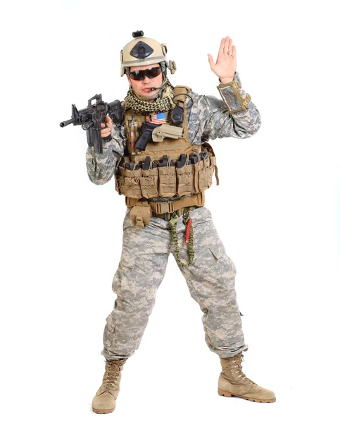 Soldier with rifle on a white background — Stock Photo, Image