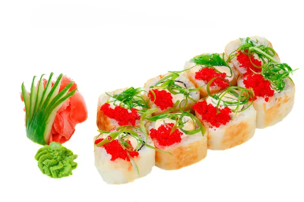 Tempura maki sushi - rulo taze Çiğ somon, füme yılan balığı yaptı., — Stok fotoğraf