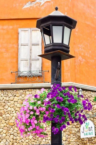 Pots de fleurs suspendus au poteau lumineux — Photo
