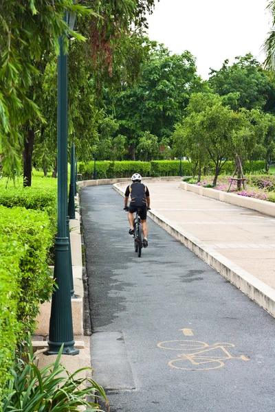 Mann fährt mit Fahrrad durch Park — Stockfoto
