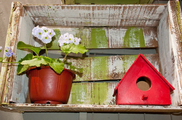 Flowers in a wooden box — Stock Photo, Image