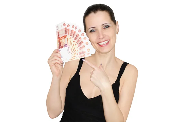 The beautiful happy woman holding many rouble banknotes — Stock Photo, Image