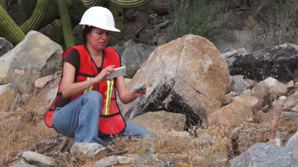 Coleta de dados da mulher geóloga — Vídeo de Stock