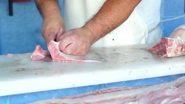 Tienda de pescado de corte — Vídeos de Stock