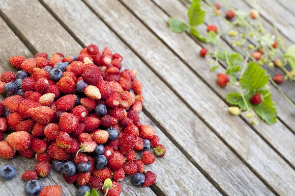 Lesní jahody a borůvky jsou na dřevěný stůl — Stock fotografie