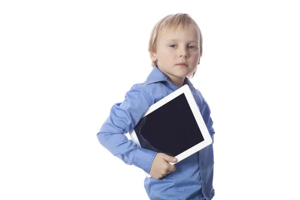 Isolated seriously boy with touch pad — Stock Photo, Image