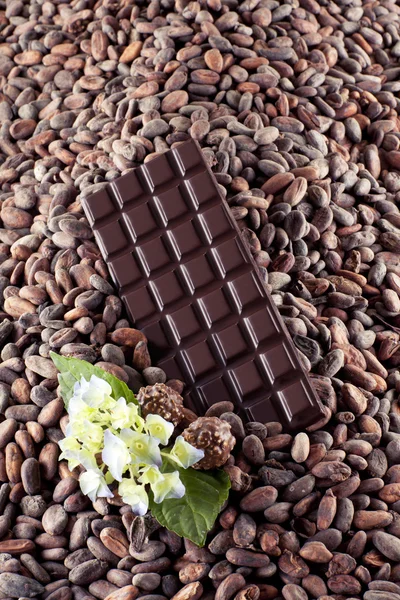 黑巧克力可可豆背景上 — 图库照片