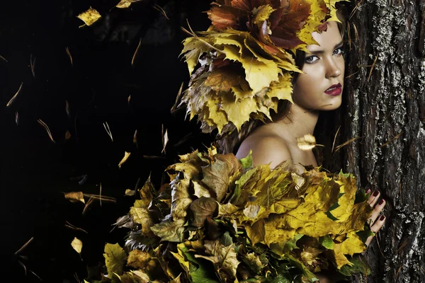 Mujer joven con hojas amarillas está cerca del árbol —  Fotos de Stock