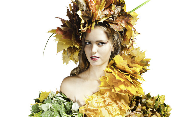 young woman with yellow leaves