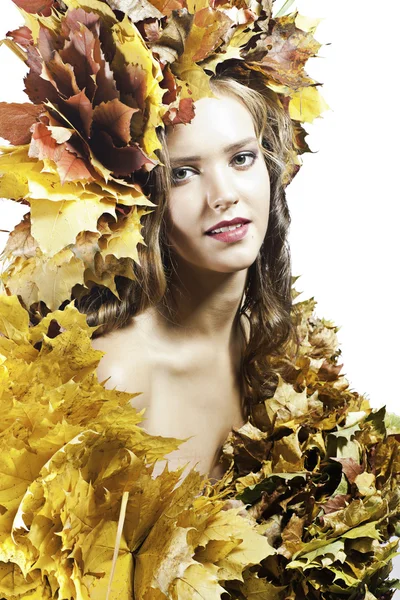 Young woman with yellow leaves — Stock Photo, Image