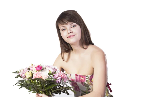 Junge Frau mit Blumen isoliert — Stockfoto