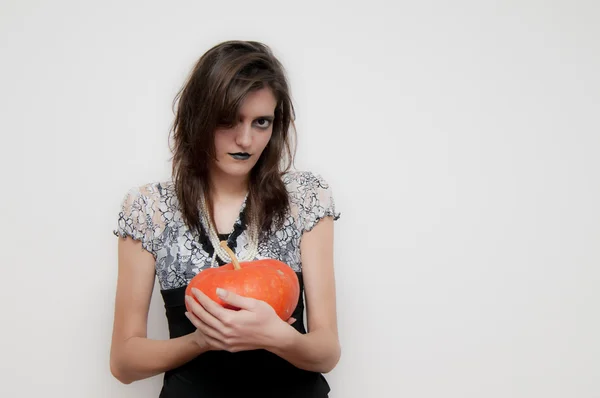 Gothic Woman with Halloween Pumpkin — Stock Photo, Image