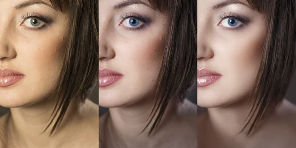 Girl's face close up in 3 options: the original, after color cor — Stock Photo, Image