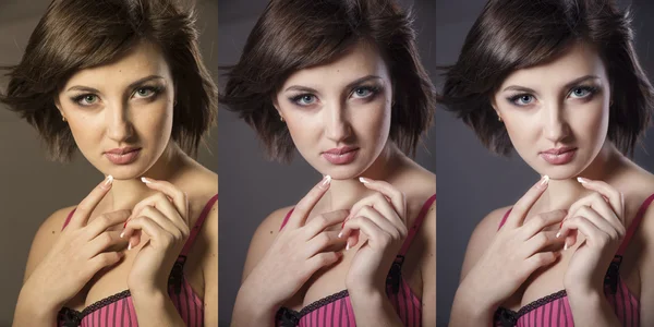 Cara de niña de cerca en 3 opciones: el original, después de color cor —  Fotos de Stock