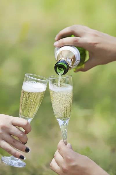 Champagne poured in to the glasses — Stock Photo, Image